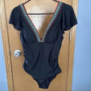 Medium Black One-Piece Swimsuit with Colorful Trim
